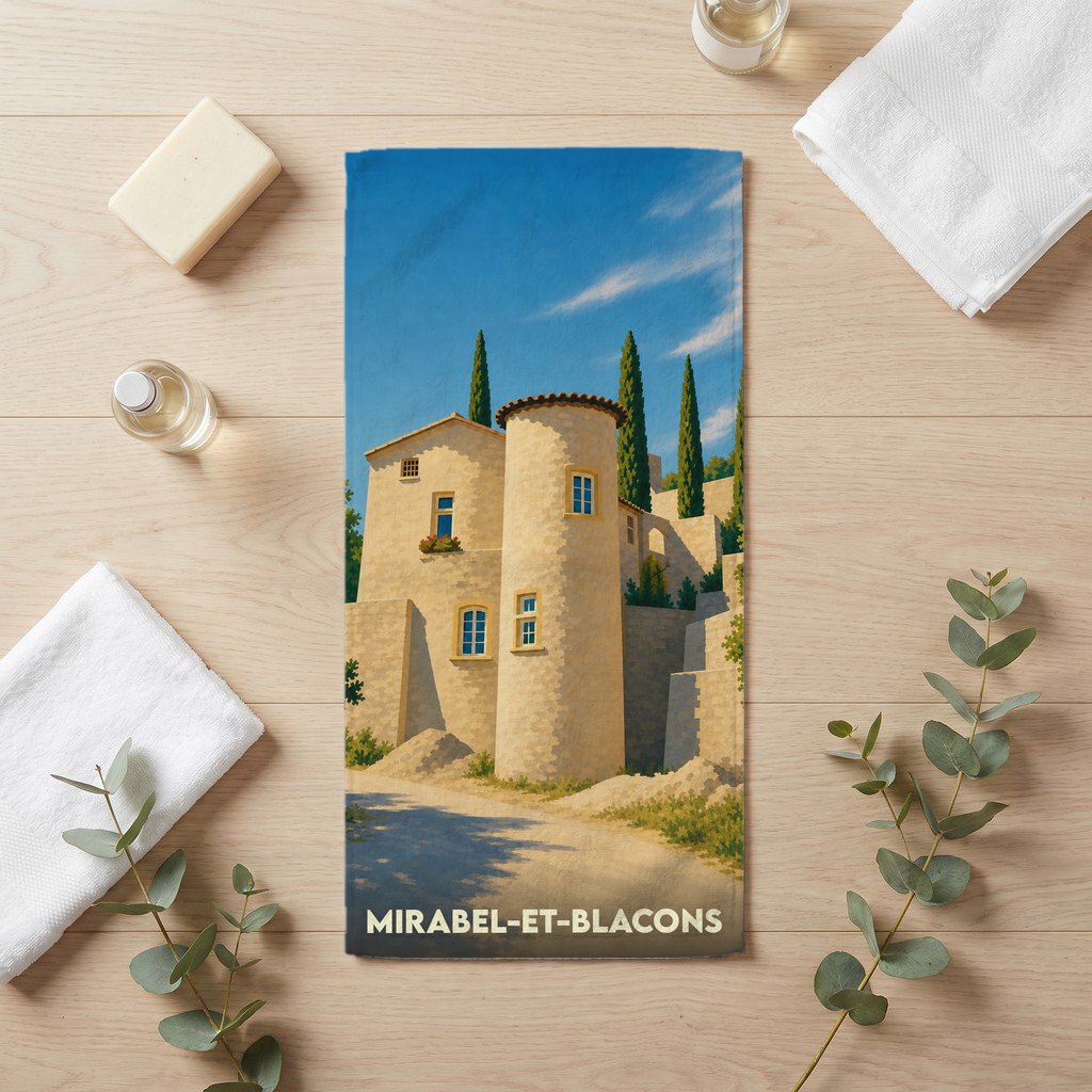 Serviette de bain souvenir de la ville de Mirabel-et-Blacons avec une illustration stylisée d'un village provençal.