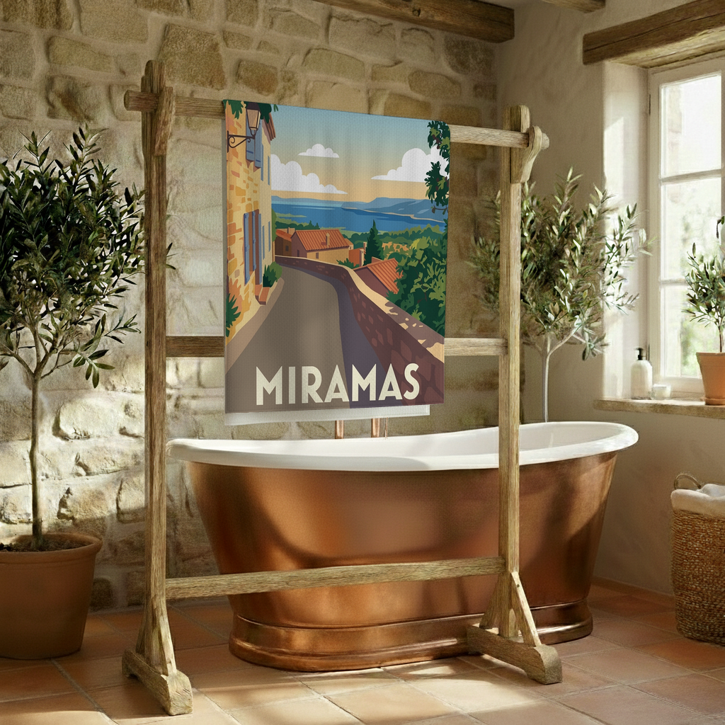 Serviette de bain souvenir de la ville de Miramas avec une illustration stylisée.