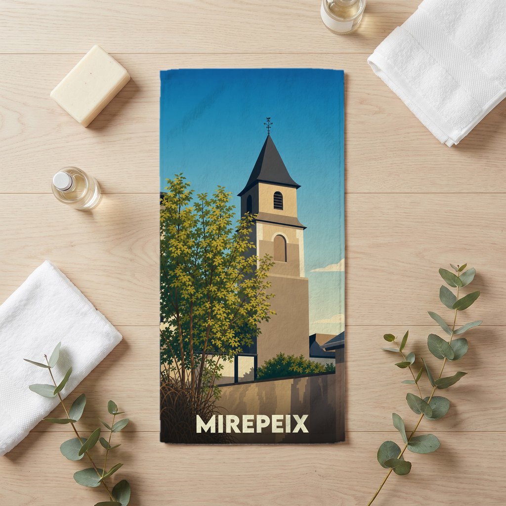 Serviette de bain souvenir de la ville de Mirepeix avec une illustration stylisée de son église.