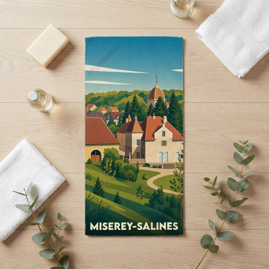 Serviette de bain souvenir de la ville de Miserey-Salines avec une illustration paysagère stylisée.