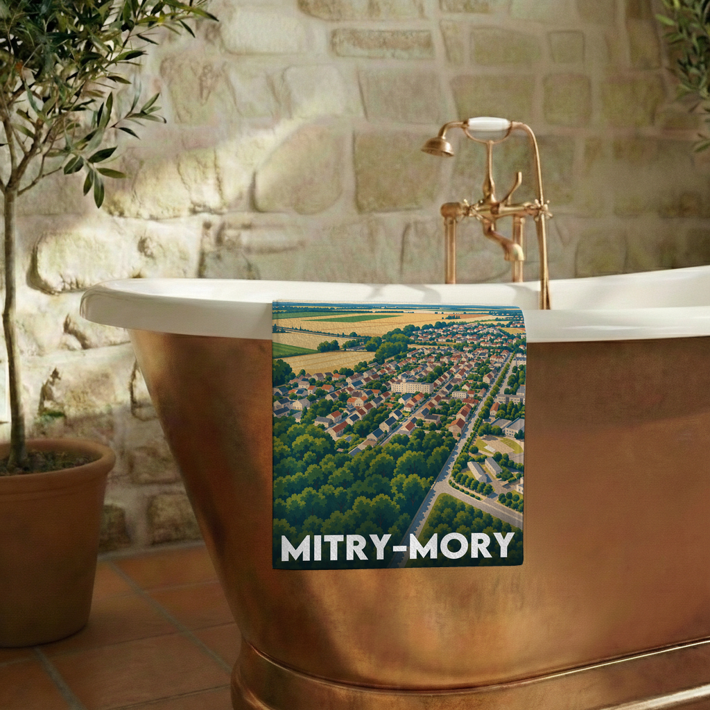 Serviette de bain souvenir de la ville de Mitry-Mory avec une illustration aérienne stylisée.