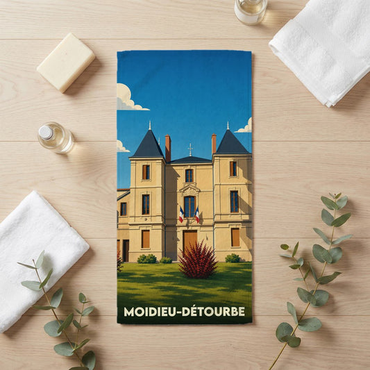 Serviette de bain souvenir de la ville de Moidieu-Détourbe avec une illustration stylisée de sa mairie.