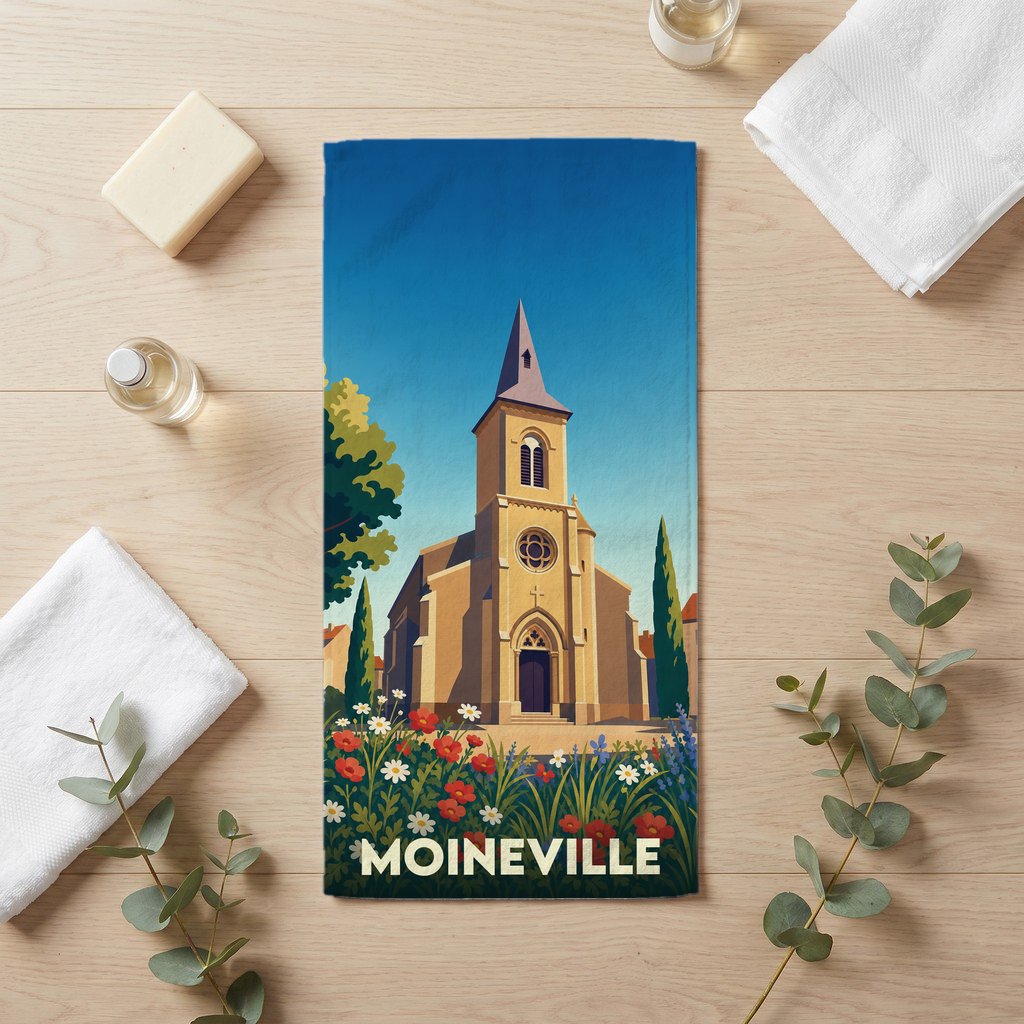 Serviette de bain souvenir de la ville de Moineville avec une illustration stylisée de son église.