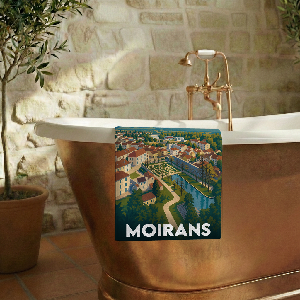 Serviette de bain souvenir de la ville de Moirans avec une illustration stylisée d'un paysage urbain et de jardins.