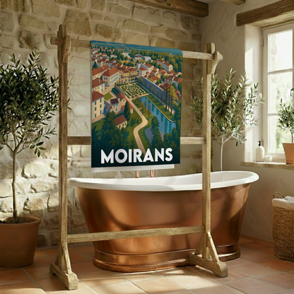 Serviette de bain souvenir de la ville de Moirans avec une illustration stylisée.