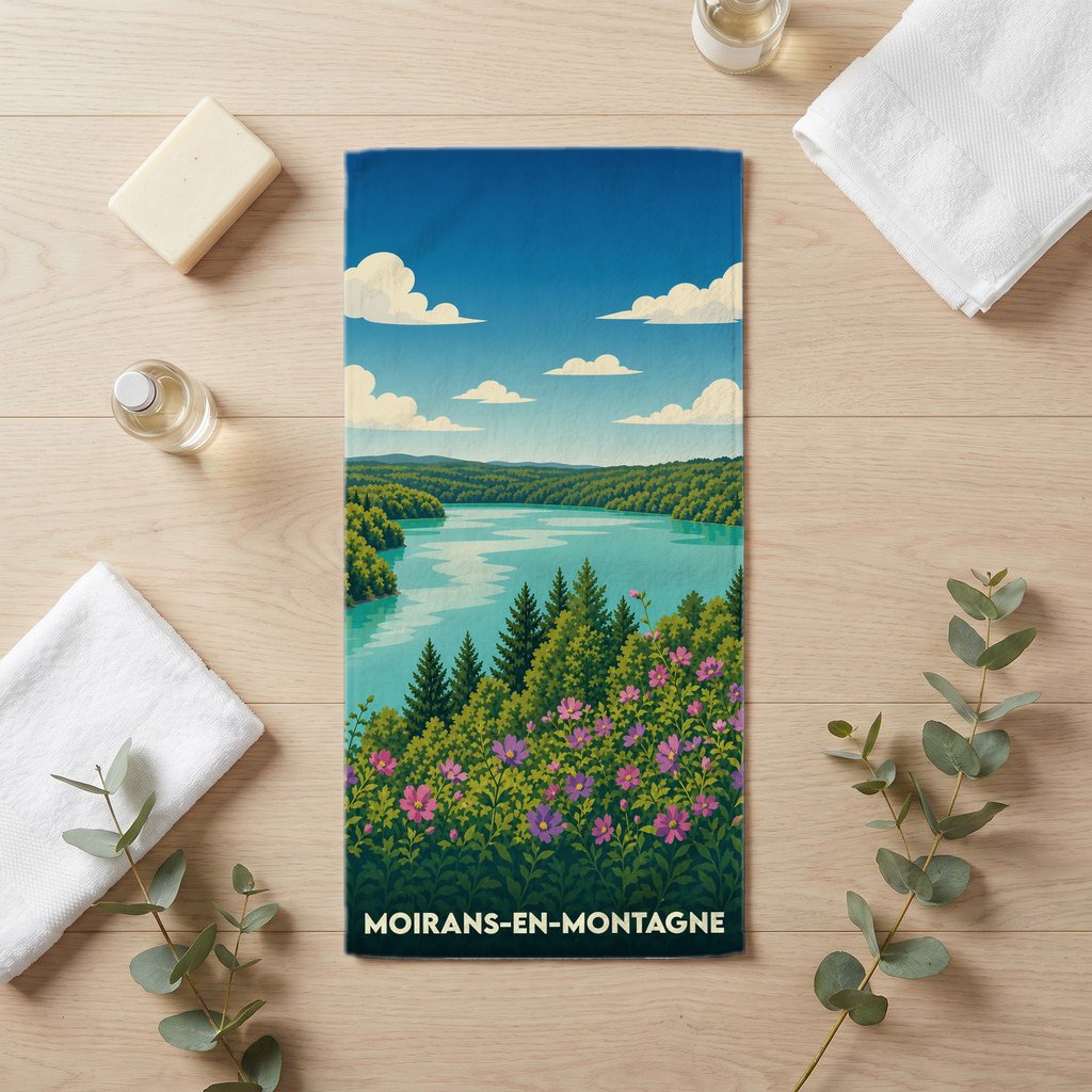Serviette de bain souvenir de Moirans-en-Montagne illustrant un paysage de lac et de montagnes.