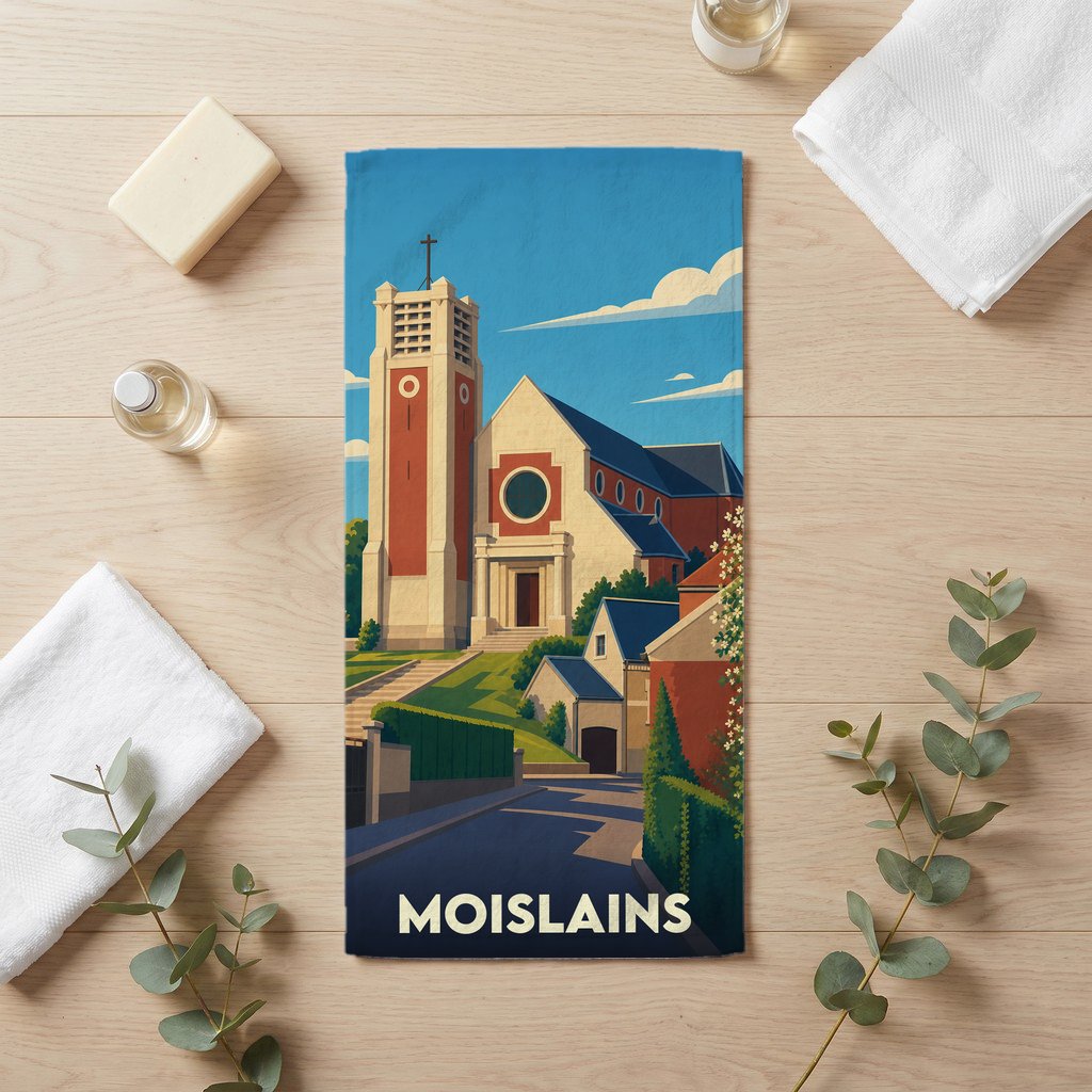 Serviette de bain souvenir de la ville de Moislains avec une illustration stylisée d'une église.