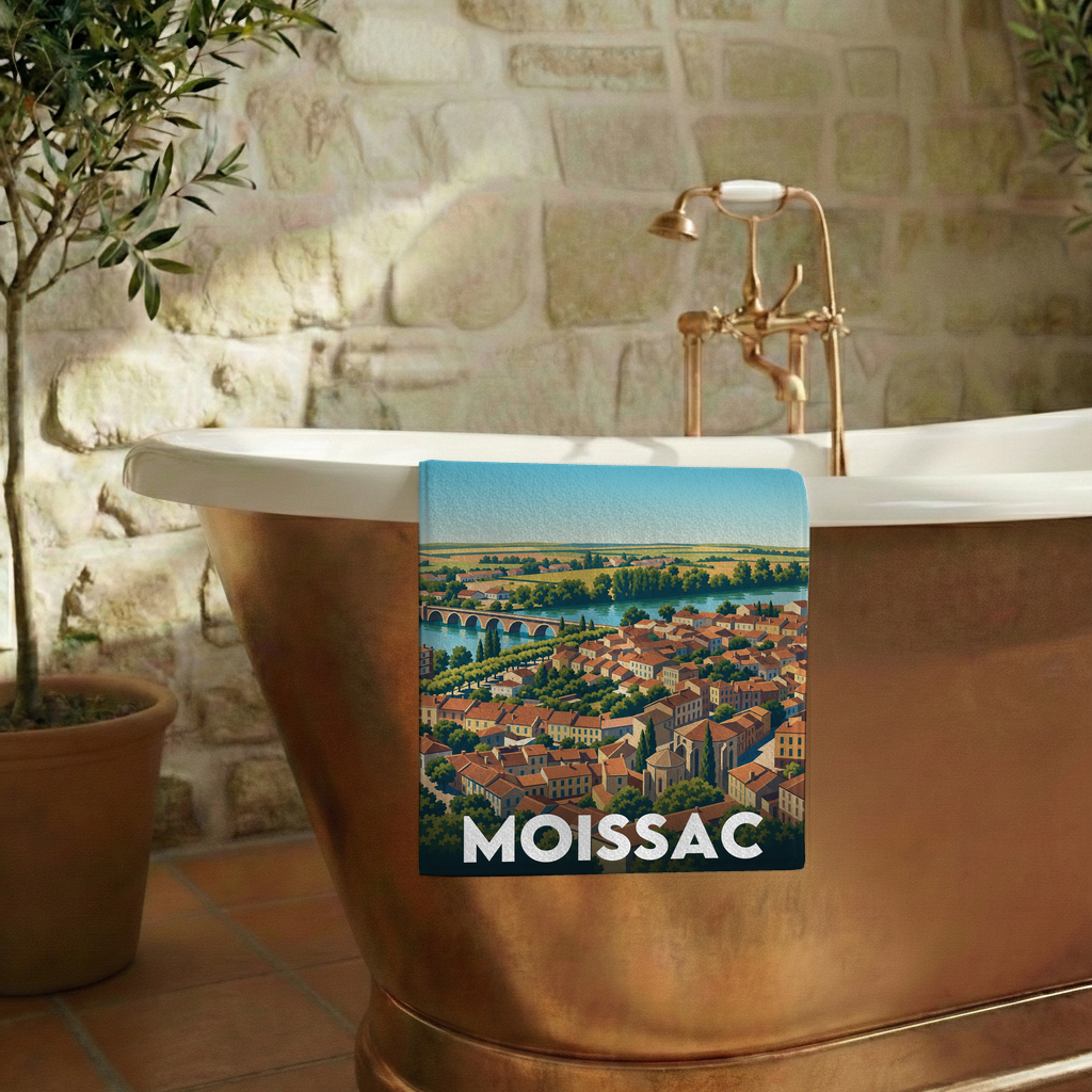 Serviette de bain souvenir de la ville de Moissac avec une illustration stylisée.