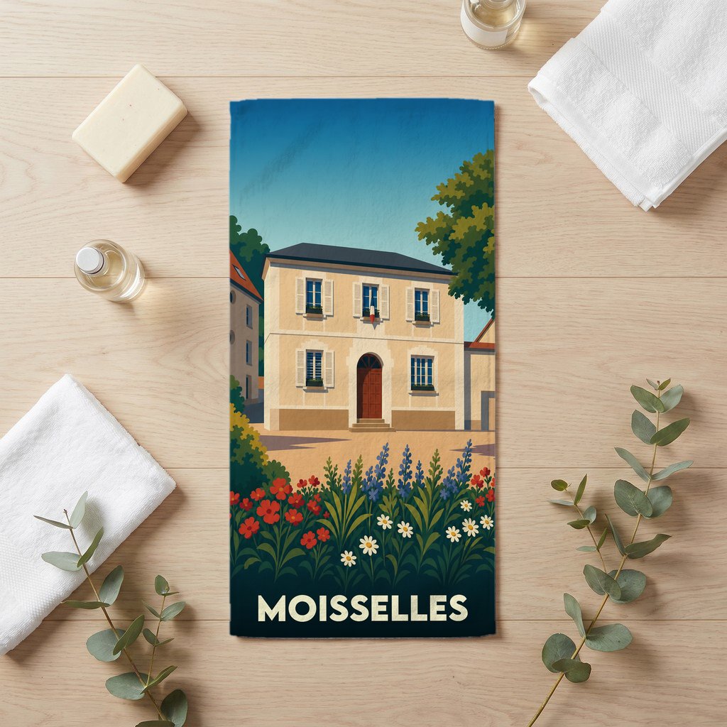 Serviette de bain souvenir de la ville de Moisselles illustrée d'une bâtisse traditionnelle entourée de fleurs.