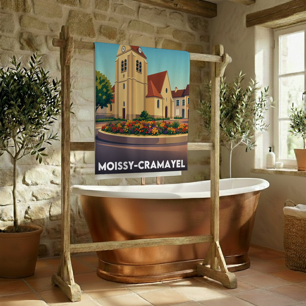 Serviette de bain souvenir de la ville de Moissy-Cramayel avec une illustration stylisée.