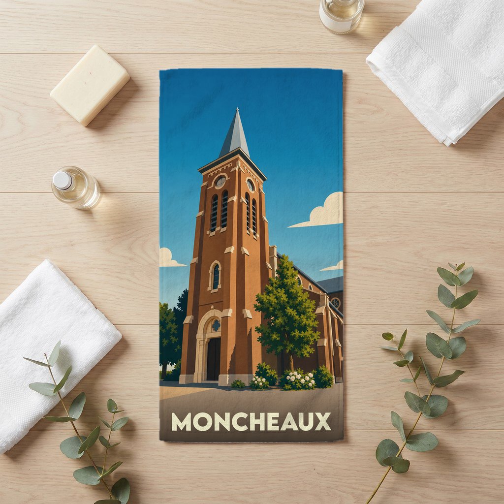 Serviette de bain souvenir de la ville de Moncheaux avec une illustration stylisée de son église.