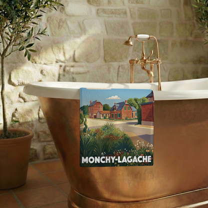 Serviette de bain souvenir de la ville de Monchy-Lagache avec une illustration stylisée.