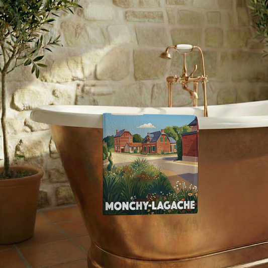 Serviette de bain souvenir de la ville de Monchy-Lagache avec une illustration stylisée.