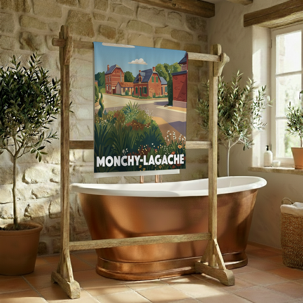 Serviette de bain souvenir de la ville de Monchy-Lagache avec une illustration stylisée.