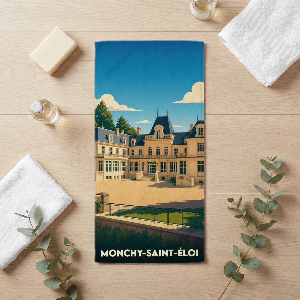 Serviette de bain souvenir de la ville de Monchy-Saint-Éloi avec une illustration stylisée d'un château.