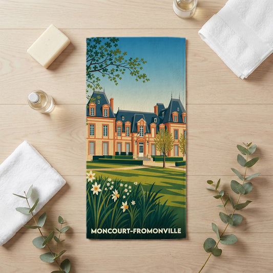 Serviette de bain souvenir de Moncourt-Fromonville illustrée d'un château et de jardins.