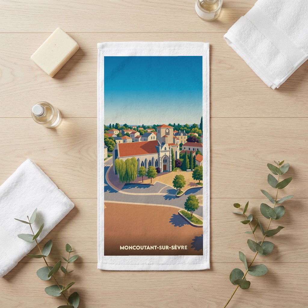 Serviette de bain souvenir de la ville de Moncoutant-sur-Sèvre avec une illustration stylisée.