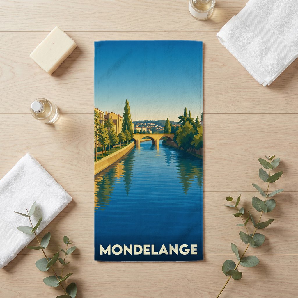 Serviette de bain souvenir de la ville de Mondelange avec une illustration stylisée d'un canal et d'un pont.