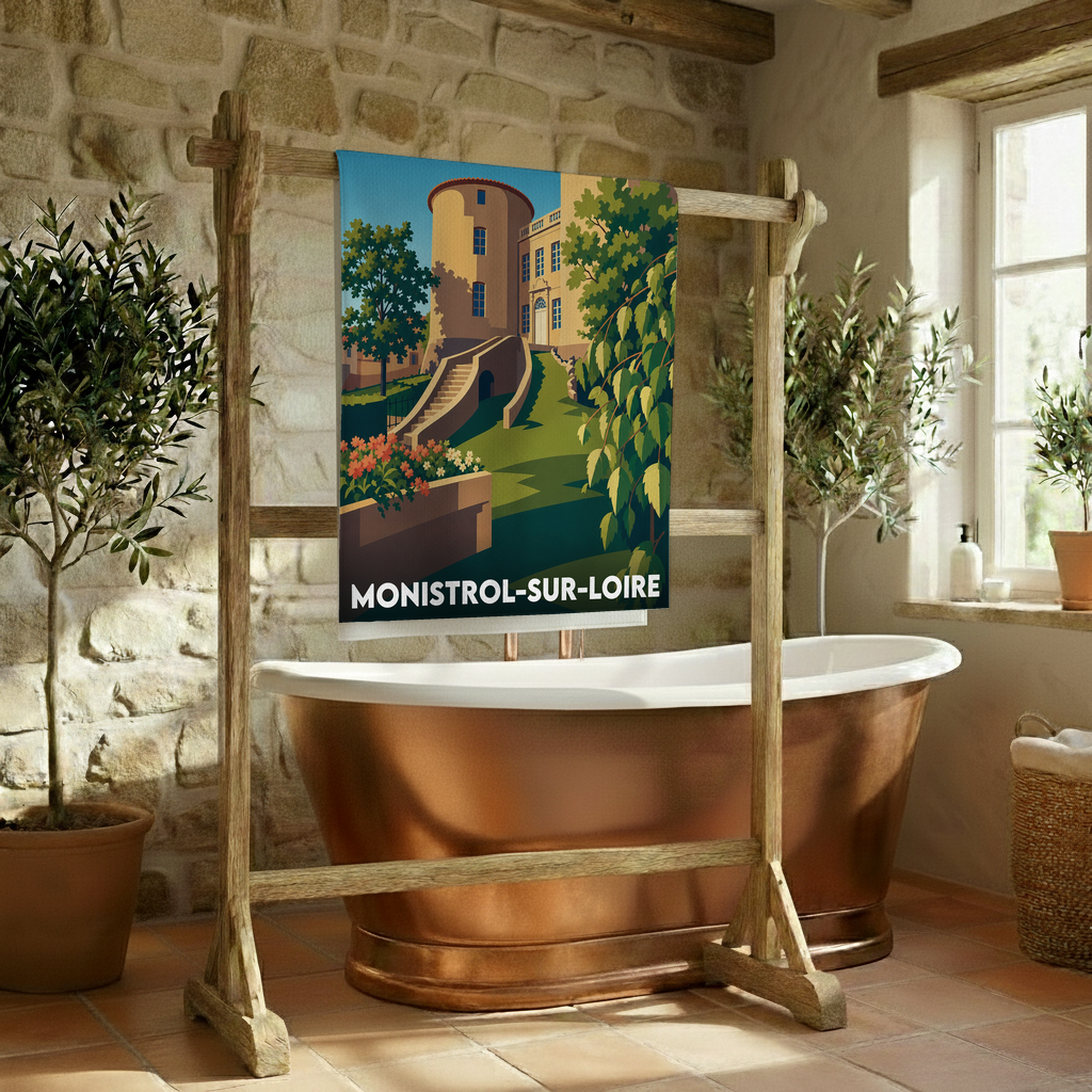Serviette de bain souvenir de la ville de Monistrol-sur-Loire avec une illustration stylisée de son château.