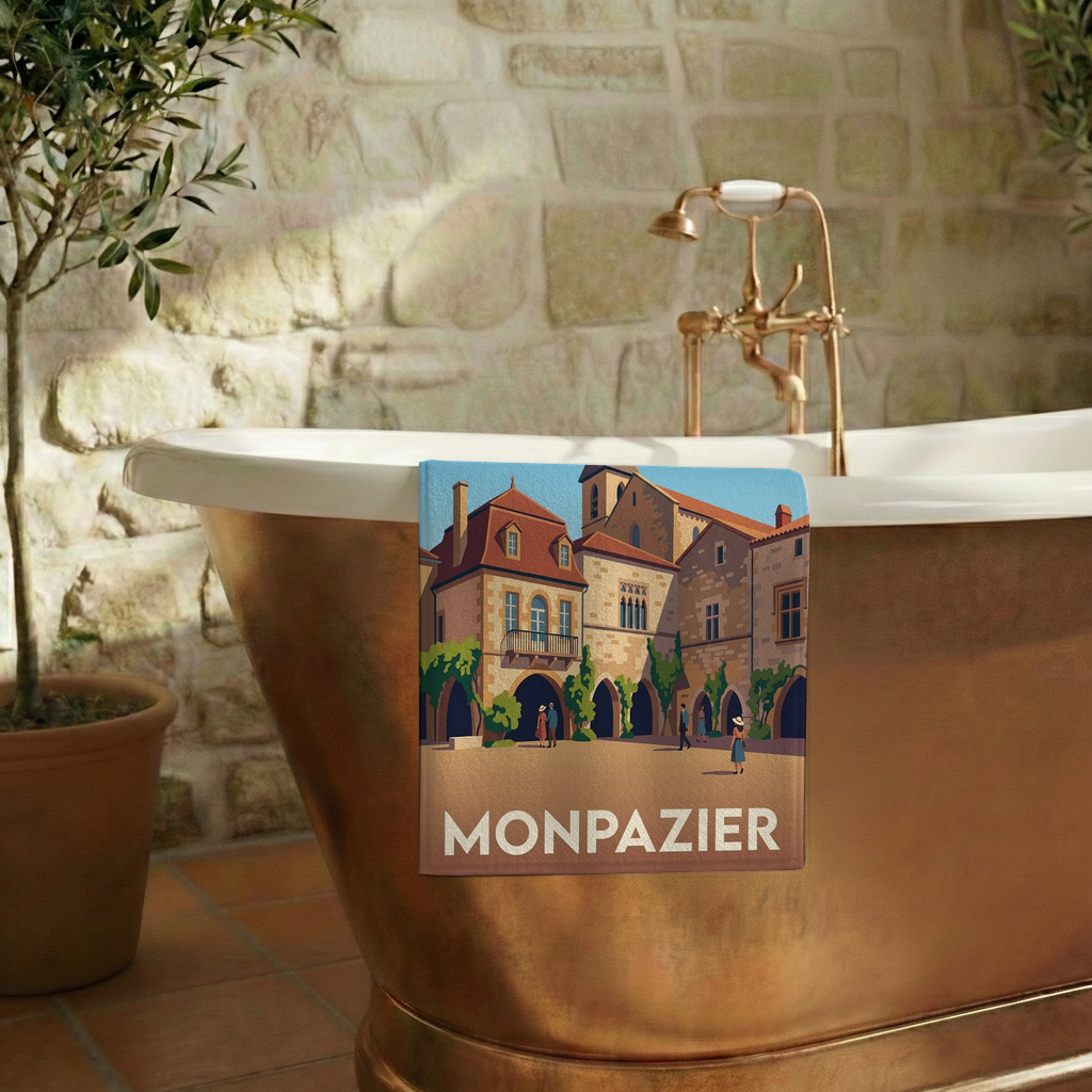 Serviette de bain souvenir de la ville de Monpazier avec une illustration stylisée.