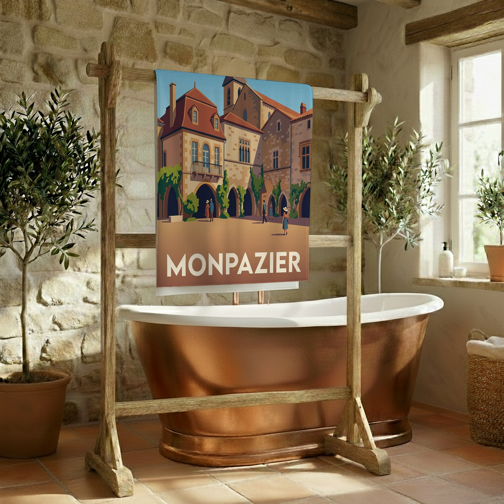 Serviette de bain avec une illustration stylisée de la ville de Monpazier.