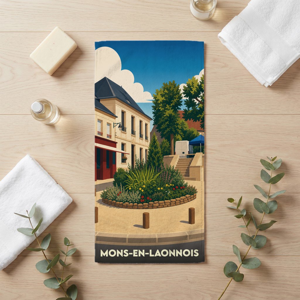 Serviette de bain souvenir de Mons-en-Laonnois illustrée d'une scène de village stylisée et colorée.