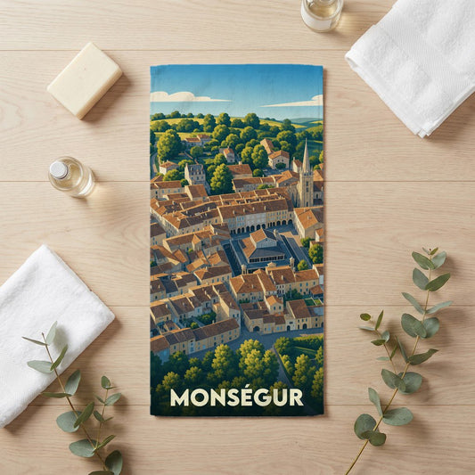 Serviette de bain souvenir de la ville de Monségur avec une illustration stylisée.