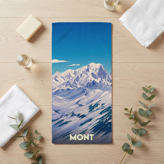 Serviette de bain souvenir de la ville de Mont avec une illustration de montagnes enneigées.