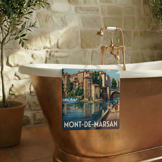 Serviette de bain souvenir de la ville de Mont-de-Marsan avec une illustration stylisée.