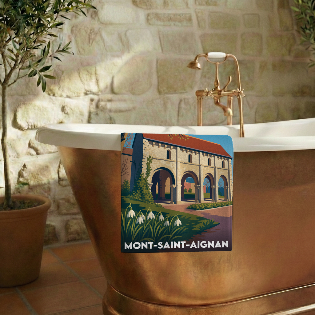 Serviette de bain souvenir de la ville de Mont-Saint-Aignan avec une illustration stylisée.