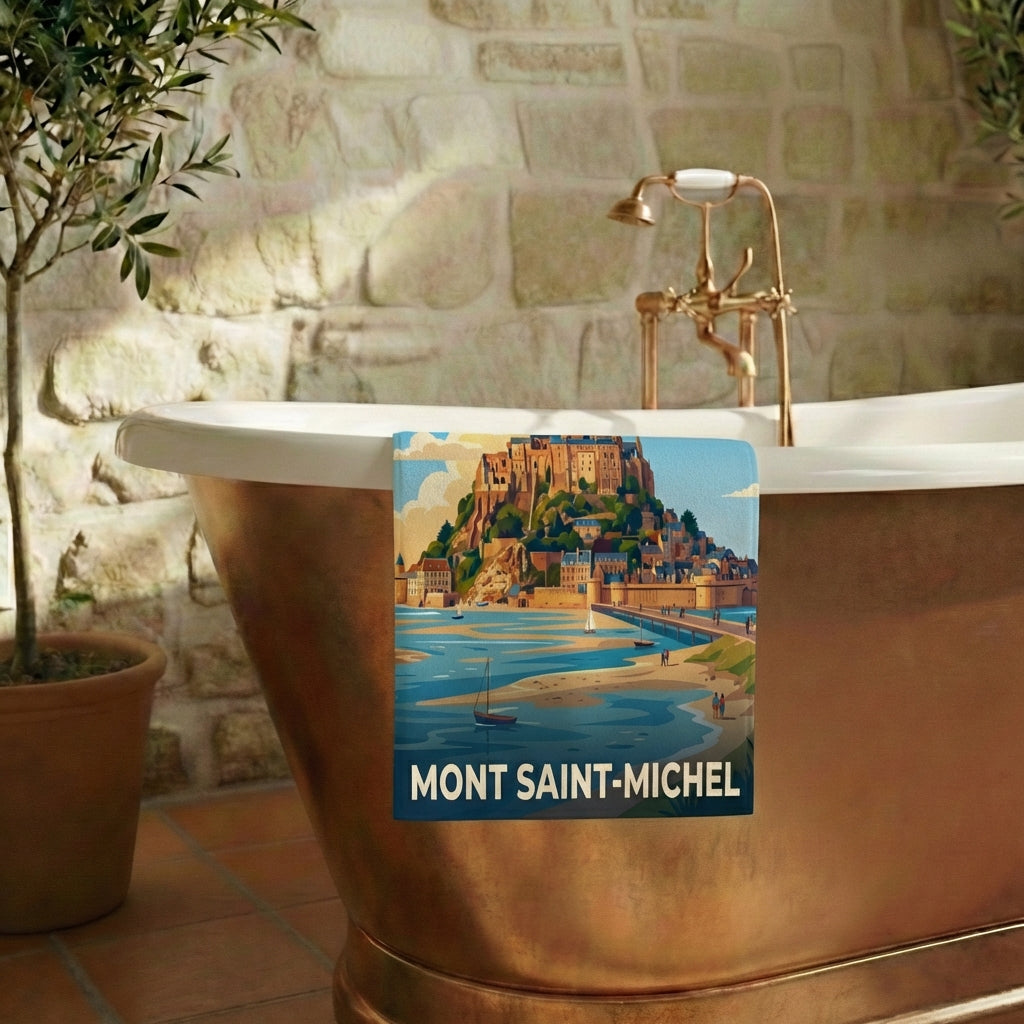 Serviette de bain souvenir du Mont Saint-Michel avec une illustration stylisée.