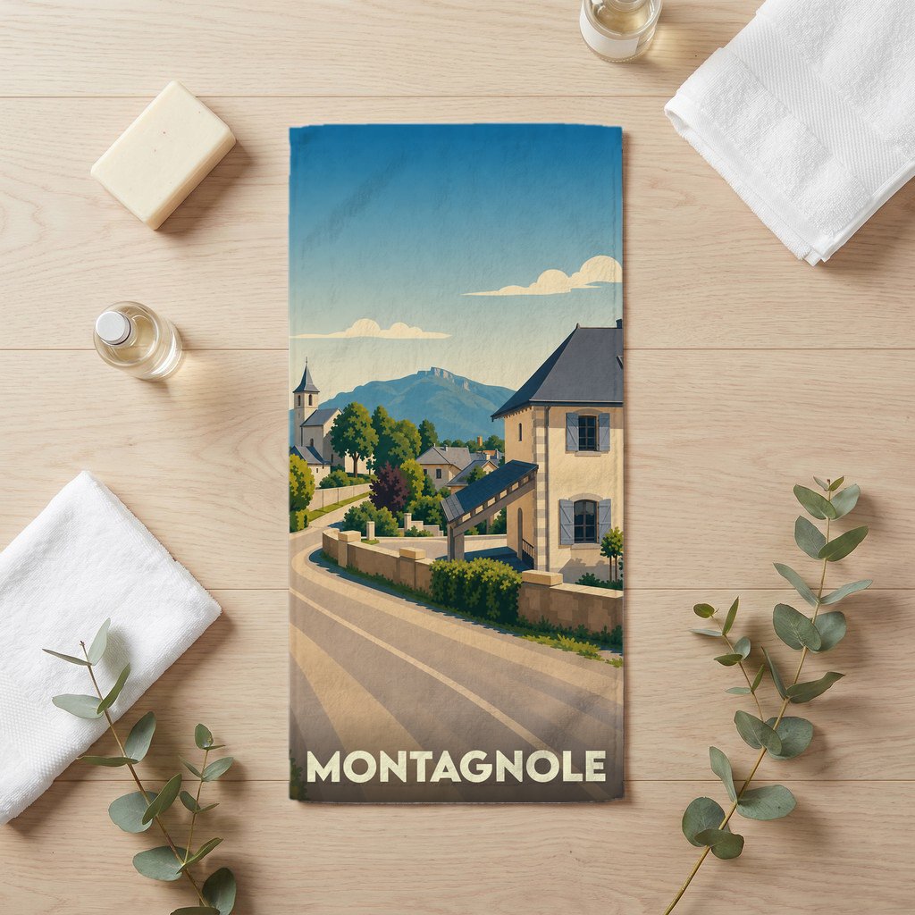 Serviette de bain souvenir de la ville de Montagnole avec une illustration stylisée de paysage montagneux.