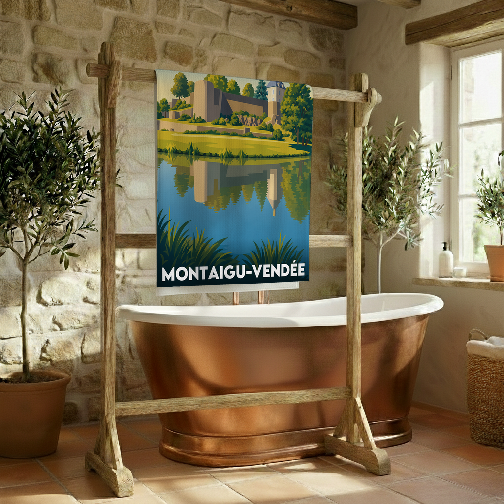 Serviette de bain souvenir de la ville de Montaigu-Vendée avec une illustration stylisée de son paysage.