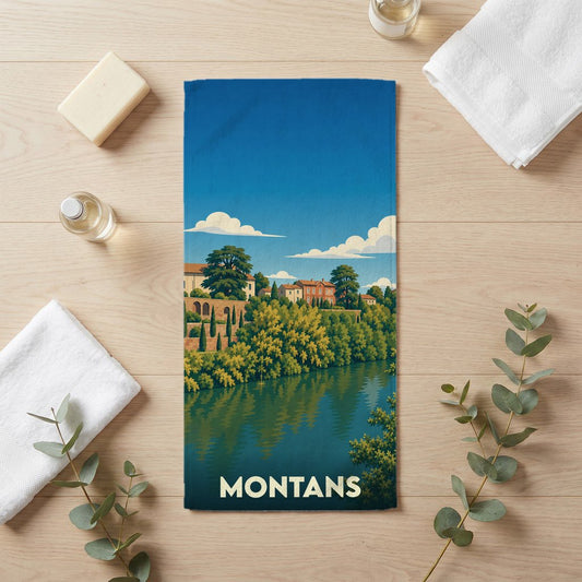Serviette de bain souvenir de la ville de Montans avec une illustration stylisée.