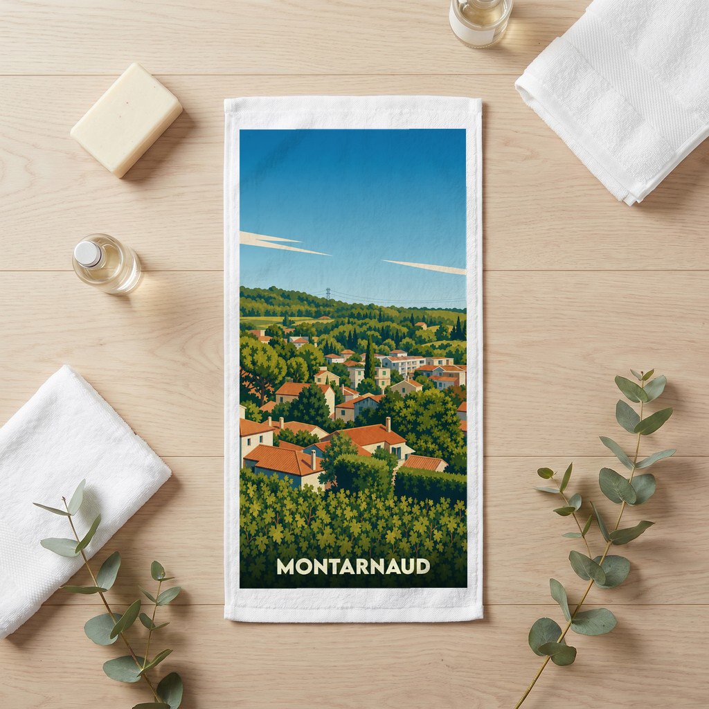 Serviette de bain souvenir de la ville de Montarnaud avec une illustration stylisée de ses paysages.