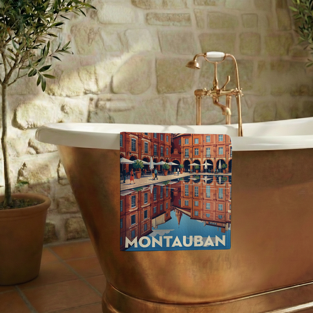 Serviette de bain souvenir de la ville de Montauban avec une illustration stylisée.
