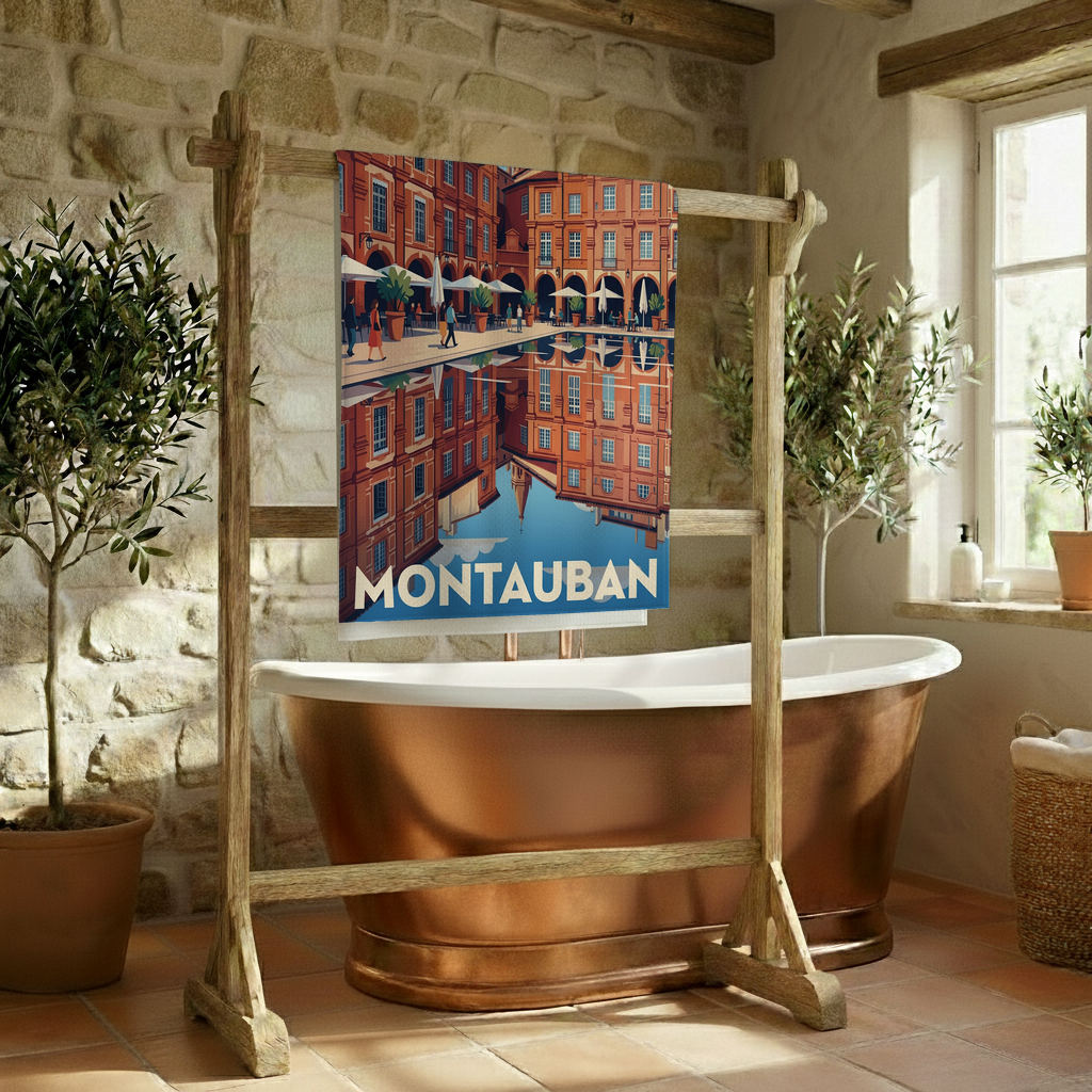 Serviette de bain souvenir de la ville de Montauban avec une illustration stylisée.