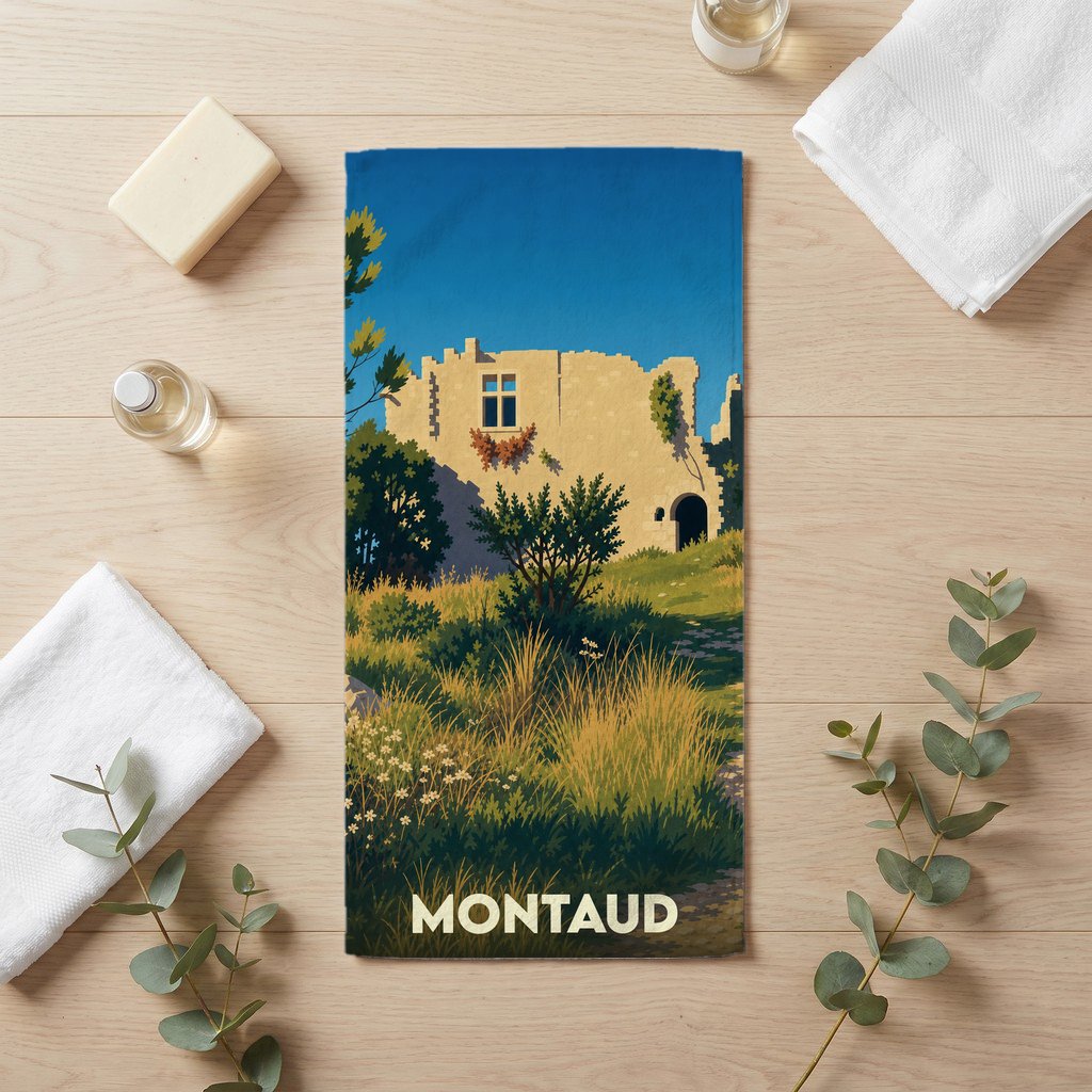 Serviette de bain souvenir de la ville de Montaud avec une illustration stylisée d'un paysage provençal et de ruines.
