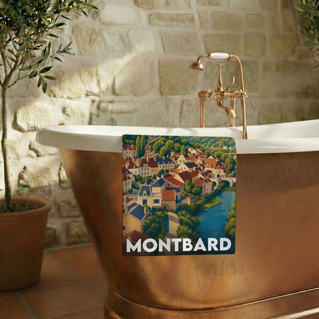 Serviette de bain souvenir de la ville de Montbard avec une illustration stylisée.