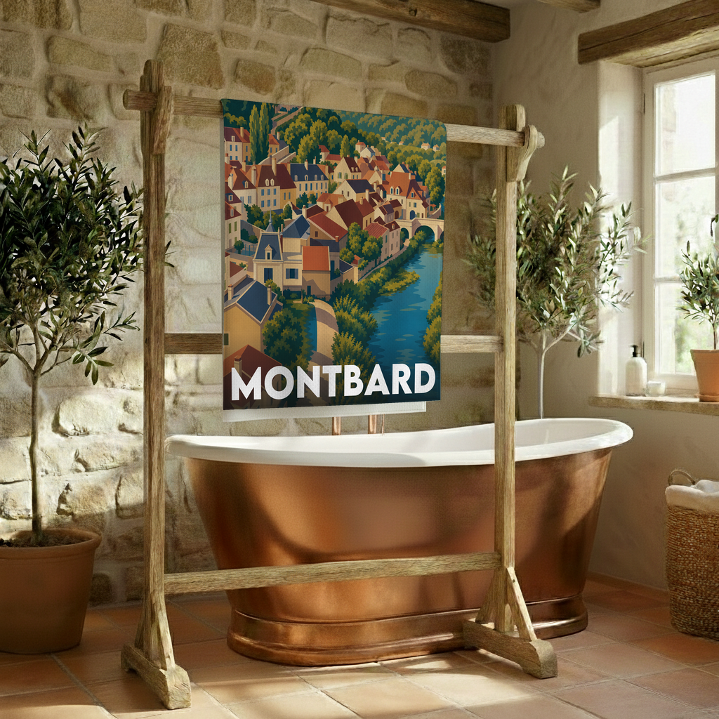 Serviette de bain souvenir de la ville de Montbard avec une illustration stylisée.