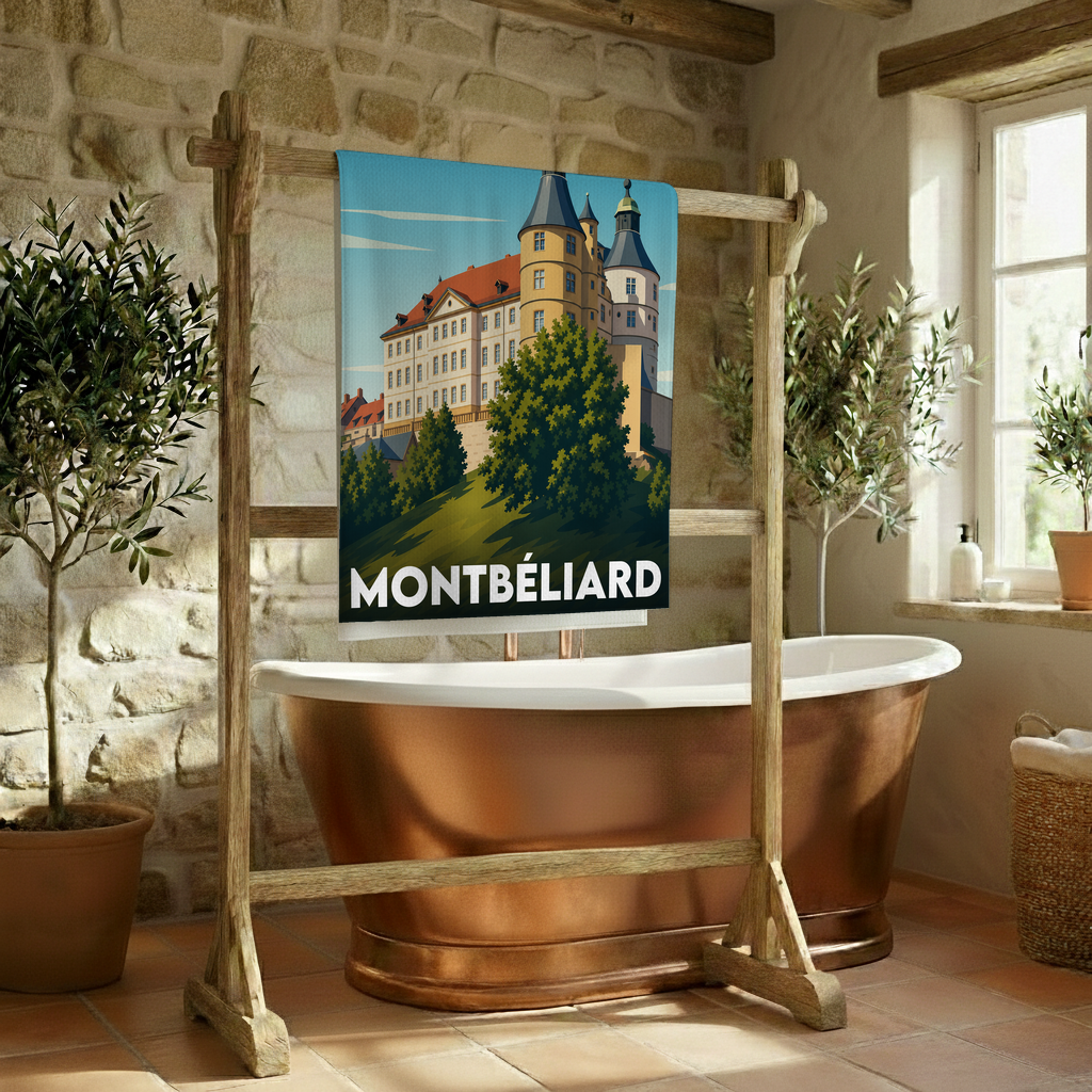 Serviette de bain souvenir de la ville de Montbéliard avec une illustration stylisée de son château.
