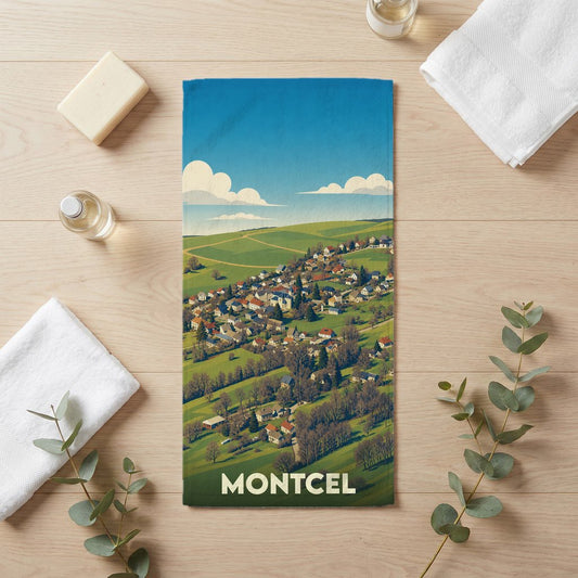 Serviette de bain souvenir de la ville de Montcel avec une illustration stylisée d'un village vallonné.