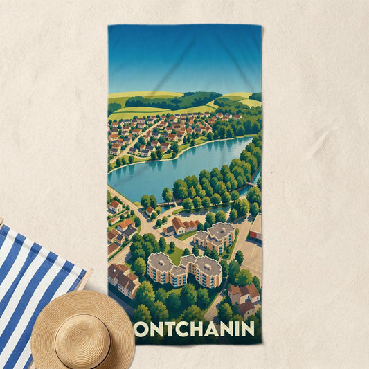Serviette de bain souvenir de la ville de Montchanin avec une illustration panoramique stylisée.