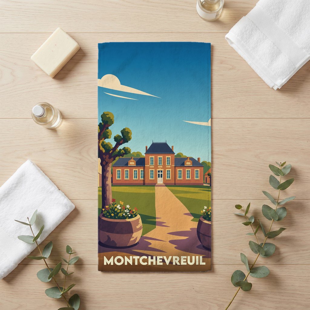 Serviette de bain souvenir de Montchevreuil avec une illustration stylisée d'un château.