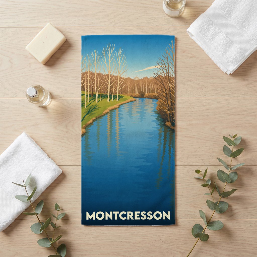 Serviette de bain souvenir de la ville de Montcresson avec une illustration stylisée d'un cours d'eau bordé d'arbres.
