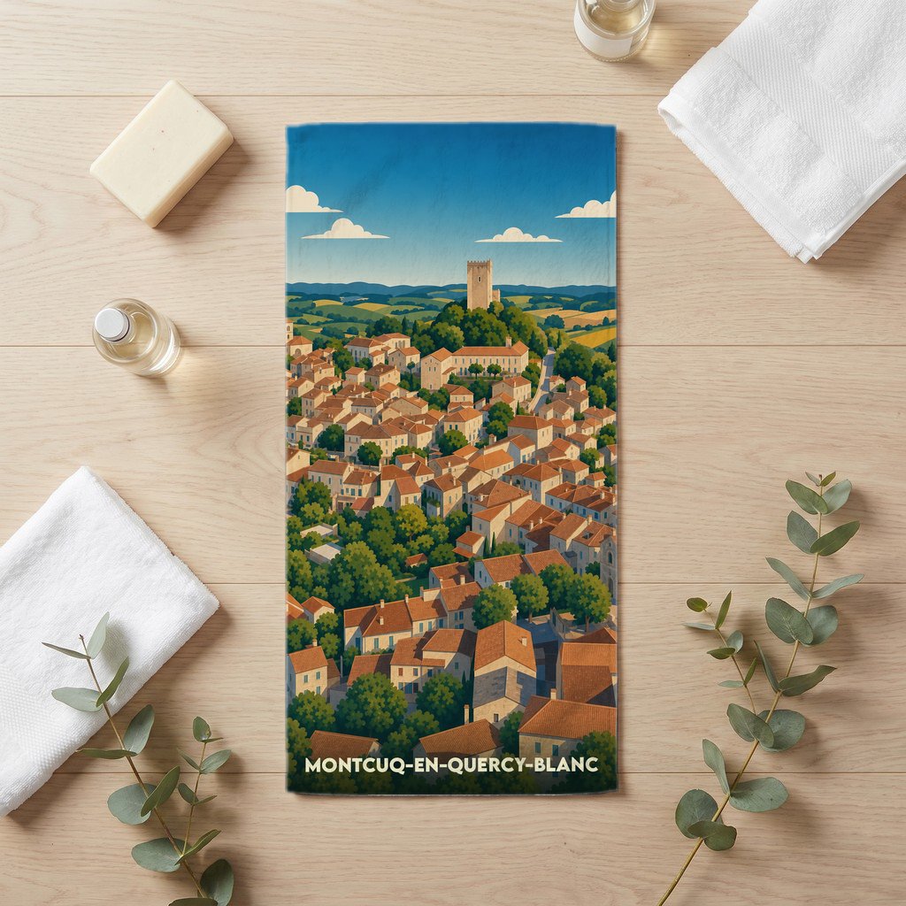 Serviette de bain souvenir de Montcuq-en-Quercy-Blanc ornée d'une illustration stylisée du village et de sa tour.