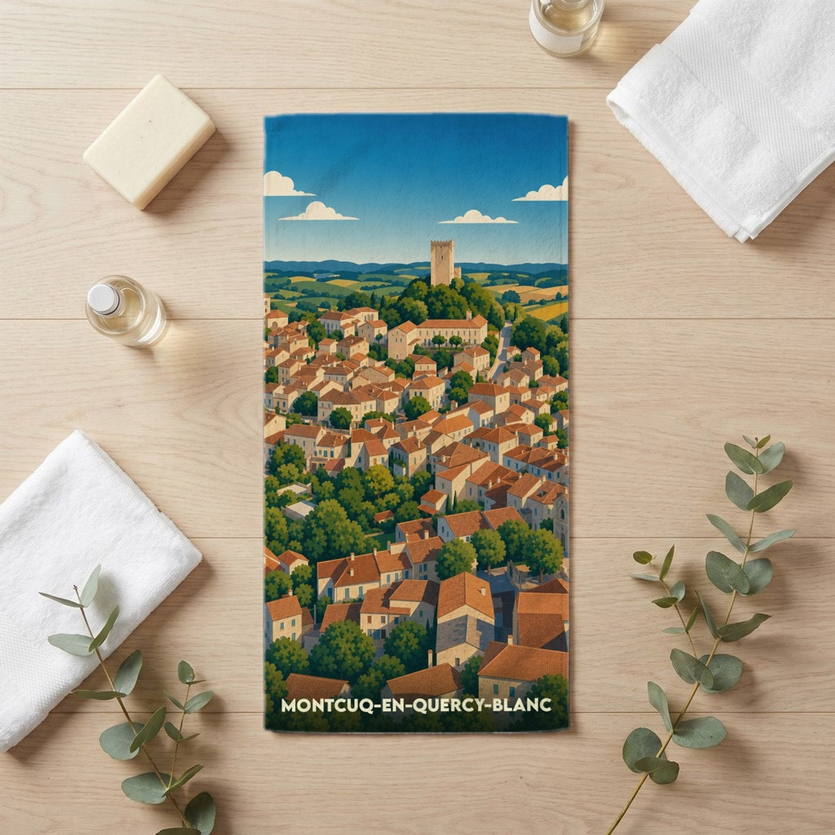 Serviette de bain 30 cm x 60 cm souvenir de Montcuq-en-Quercy-Blanc