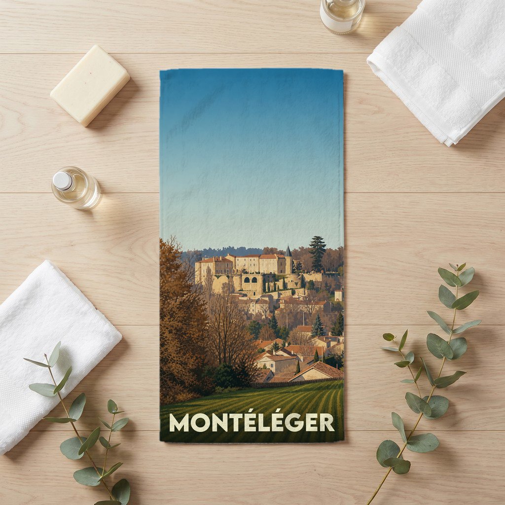 Serviette de bain souvenir de la ville de Montéléger avec une illustration stylisée de son château et de son paysage.
