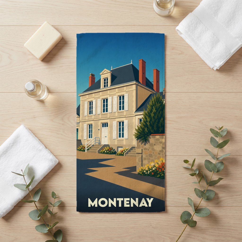 Serviette de bain souvenir de la ville de Montenay avec une illustration stylisée d'une demeure traditionnelle.
