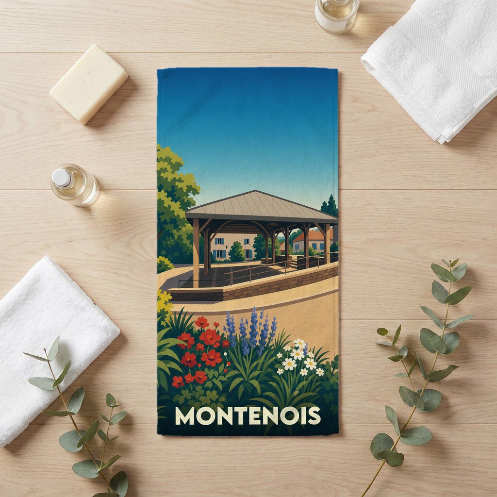 Serviette de bain souvenir de la ville de Montenois avec une illustration stylisée.